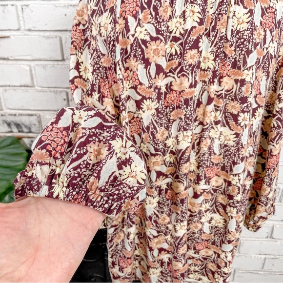 AVA & VIV Burgundy Tan Yellow Pink Floral Boho Flowy 3/4 Sleeve V-neck 1X - Picture 8 of 9